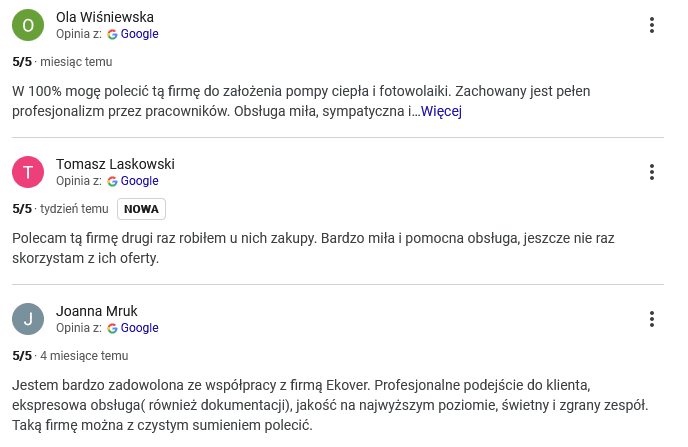 Fotowoltaika i pompy ciepła to nasza specjalność. Firma Ekover to gwarancja jakości. Świadczą o tym opinie naszych Klientów.