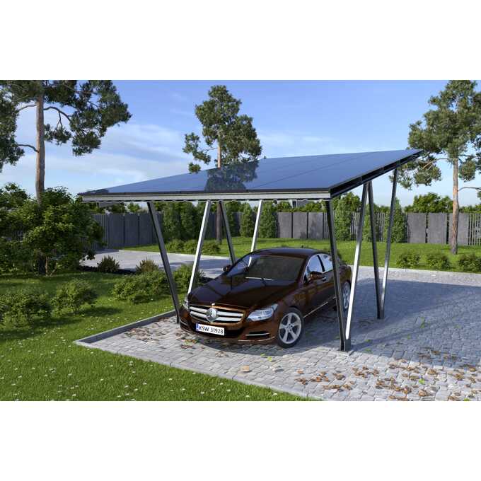 Nowoczesny carport fotowoltaiczny , pokryty  panelami słonecznymi w 2025